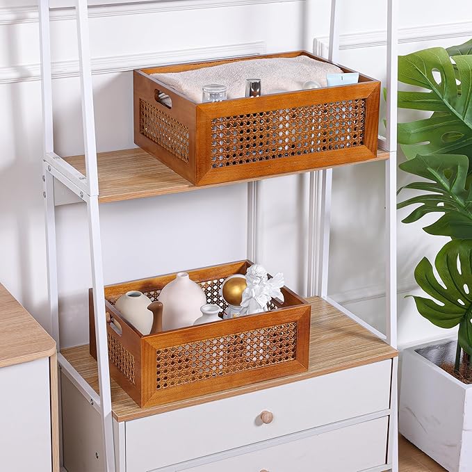 Wooden Storage Basket Large Handmade Rattan Drawer Storage Box with Frame & Handles Decorative Natural Bamboo Woven Bins Rustic Farmhouse Decor Home Office Tabletop Shelf Organizer 15" x 11" x 5.9"