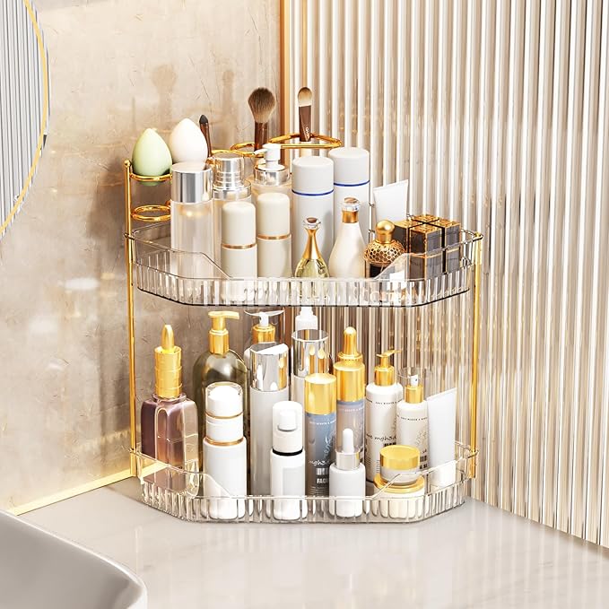 Corner Bathroom Counter Organizer with Makeup Brush Holder & Toothbrush Holders, Makeup Organizer for Vanity Countertop, Acrylic Skincare Storage Shelf (Clear, 2-Tier)