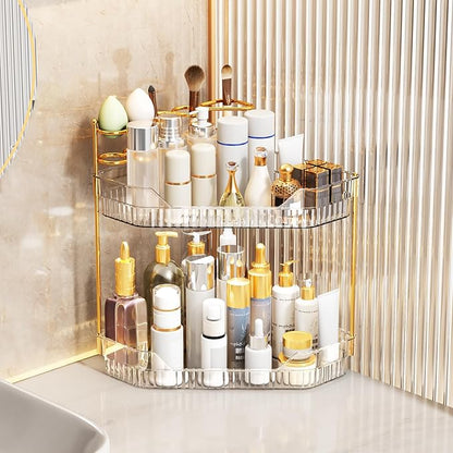 Corner Bathroom Counter Organizer with Makeup Brush Holder & Toothbrush Holders, Makeup Organizer for Vanity Countertop, Acrylic Skincare Storage Shelf (Clear, 2-Tier)