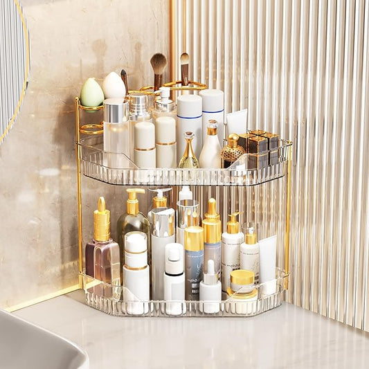 Corner Bathroom Counter Organizer with Makeup Brush Holder & Toothbrush Holders, Makeup Organizer for Vanity Countertop, Acrylic Skincare Storage Shelf (Clear, 2-Tier)