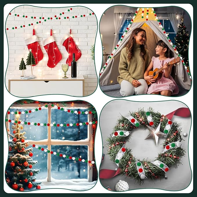 MARFOREVER 4 Pack 26.3 Feet Christmas Pom Pom Garland Ornaments Red White Green 30 Balls Garlands Christmas Felt Garland Hanging Supplies for Xmas School Classroom Fireplace Wall Home Party Decor