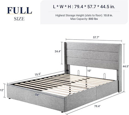 Allewie Full Size Lift Up Storage Bed, Modern Wingback Headboard, Hydraulic Support, No Box Spring Needed, Light Grey