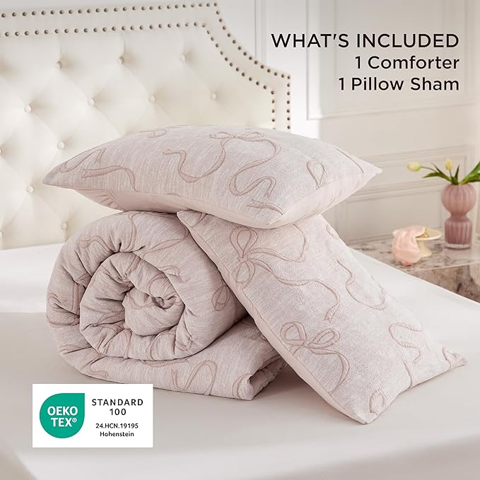 Bedsure Twin Size Comforter Set, Pink Boho Tufted Bed Set, 3D Puffy Jacquard Bedding King Size, 2 Pieces, 1 Farmhouse Shabby Chic Embroidery Comforter with Bow Pattern & 1 Pillow Case