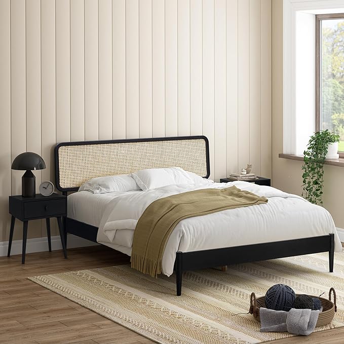 NTC Lupin Wooden Bed Frame with Headboard and Natural Rattan, Solid Oak Foundation with Silent Slats, 1000 Lb Capacity, Effortless Assembly, Queen - Burnt Black