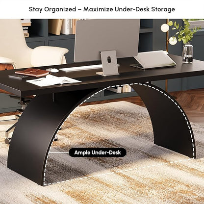 homary 70.9" Industrial Executive Desk, Black Top Desk Modern Home Office Desk with Arched Design Legs for Study, Office, Home Office