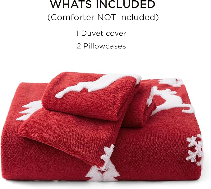 Bedsure Fluffy Christmas Duvet Cover Set - Ultra Soft Plush Shaggy Comforter Cover King Size, Warm Flannel Fleece Bed Sets for Winter, 3 Pieces, Reindeer Pattern, Red