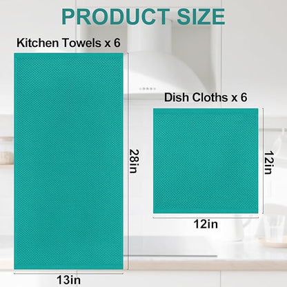 Homaxy 100% Cotton Kitchen Towels and Dishcloths Set, 12 x 12 Inches and 13 x 28 Inches, Set of 12 Bulk Kitchen Towels Set, Ultra Soft Absorbent Dish Cloths for Washing Dishes, Teal