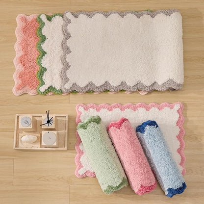 ORTIGIA Scalloped Green Bath Mat Non Slip Washable for Bathroom, Quick Dry Absorbent Plush Microfiber Bath Mats, White and Green Bathmat for Bathtub Shower, Floor for Sink Bedroom, 20x32