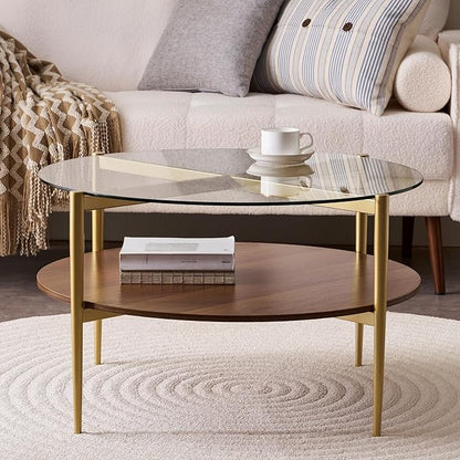 Round Coffee Table, Mid-Century Modern Design, D30“ x H17”, for Living Room, 2-Tier Structure, Clear Glass Top and Walnut MDF Shelf, Sleek Conical Metal Legs with Gold Finish