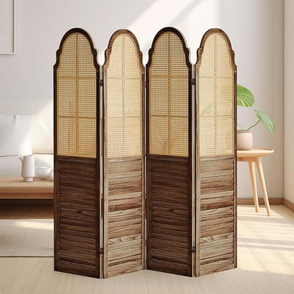 4 Panels Room Divider Wall, Rustic Rattan Room Divider, Wood Folding Privacy Screen, Foldable Wood Divider Wall, Portable Partition Screen, Wall Divider for Room Separation (Brown)