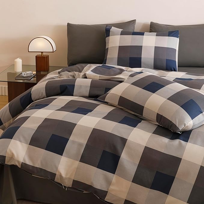 CLOTHKNOW Buffalo Plaid California King Comforter Set 3Pcs Tartan Bedding Comforter Sets Blue Grey Khaki Brown Beige Geometric Comforter Cal King Sets with 2 Pillowcases