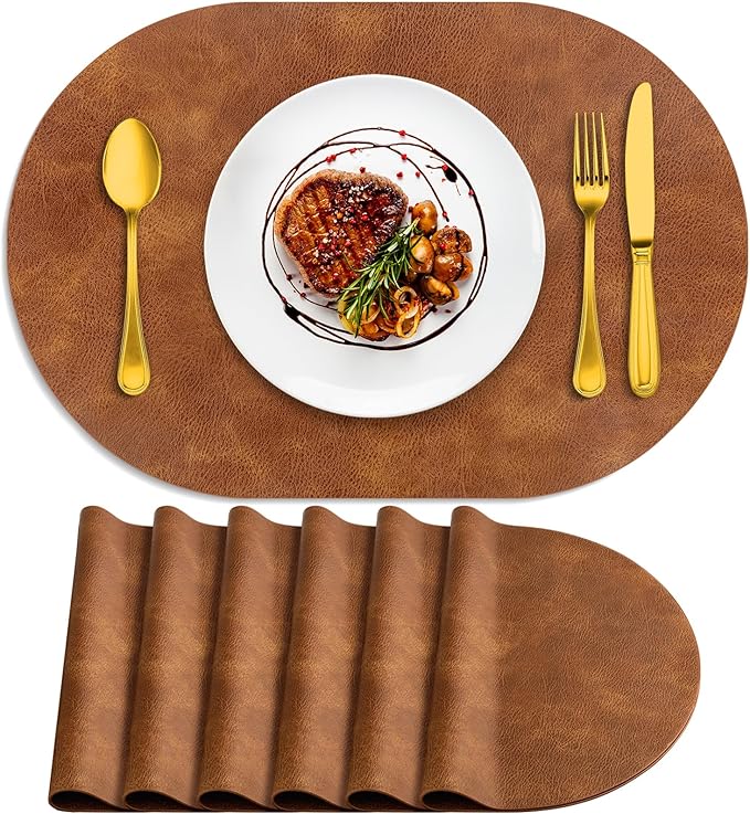 ADRIMER Placemats, Heat Resistant Oval Placemats Set of 6 Washable 12 x 17 Inch, Waterproof Table Mats, Wipeable Pu Place Mats for Kitchen, Dining Room, Turmeric Brown