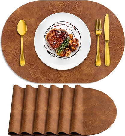 ADRIMER Placemats, Heat Resistant Oval Placemats Set of 6 Washable 12 x 17 Inch, Waterproof Table Mats, Wipeable Pu Place Mats for Kitchen, Dining Room, Turmeric Brown
