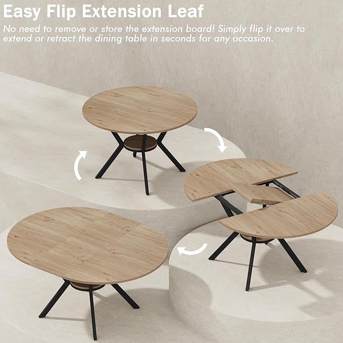 42"-58" Extendable Round Dining Table for 4-6, Kitchen Oval Table with Hidden Leaves & Storage Shelf, Space Saving Modern Design with Sturdy Metal Legs for Kitchen, Dining Room & Small Apartments