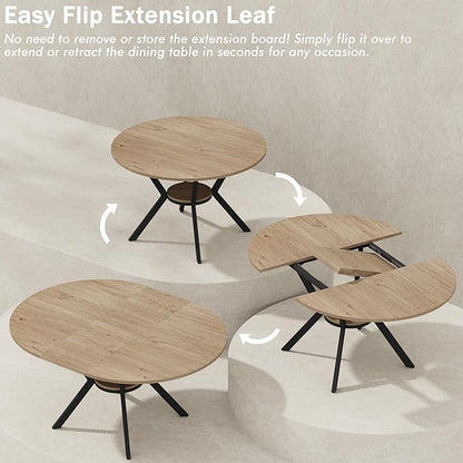 42"-58" Extendable Round Dining Table for 4-6, Kitchen Oval Table with Hidden Leaves & Storage Shelf, Space Saving Modern Design with Sturdy Metal Legs for Kitchen, Dining Room & Small Apartments
