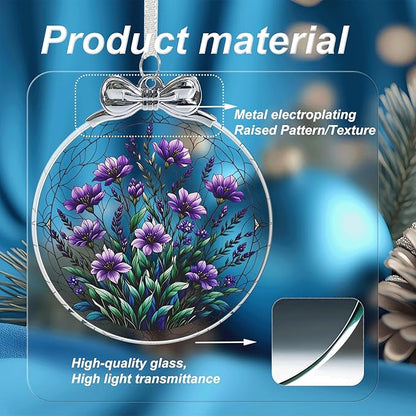 Bauhinia & Violets Stained Glass Ornament - Hanging Ornaments for Christmas Tree, Christmas Ornaments Xmas Decorations, Holiday Keepsake Present Exchange Ideas