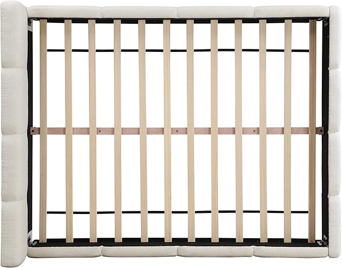 Christopher Knight Home Hazel Queen Size Platform Bed, Boucle Thick Headboard and Footboard, Upholstery Grounded Beds, Block Style, Wood Slat Panel Support, No Spring Box Needed, Easy Assembly, White