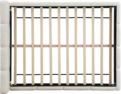 Christopher Knight Home Hazel Queen Size Platform Bed, Boucle Thick Headboard and Footboard, Upholstery Grounded Beds, Block Style, Wood Slat Panel Support, No Spring Box Needed, Easy Assembly, White