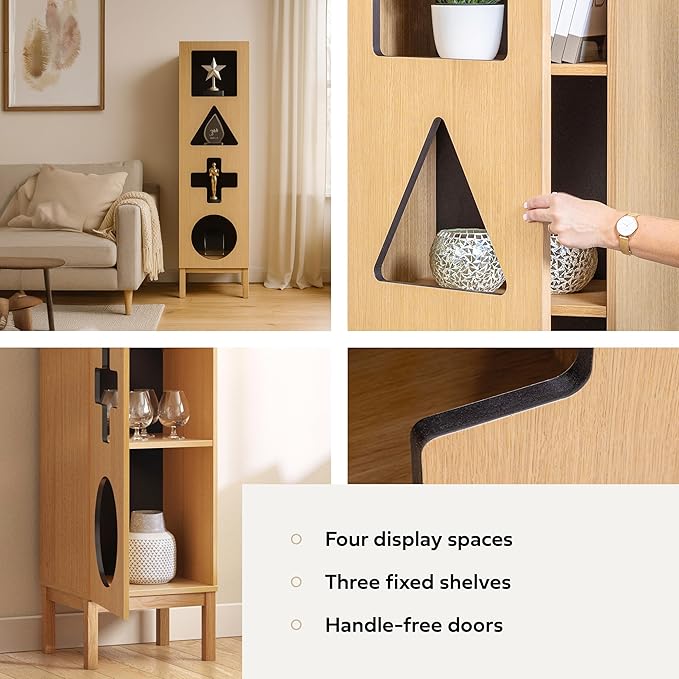 WERMO 18’’ Showcase Display Cabinet with Geometric Cut-Out Doors - Modern Curio Cabinet for Dining Room, Living Room, Entryway. Trophy Case and Collectible Display Case Wood with Door & Storage Consoles (Oak)