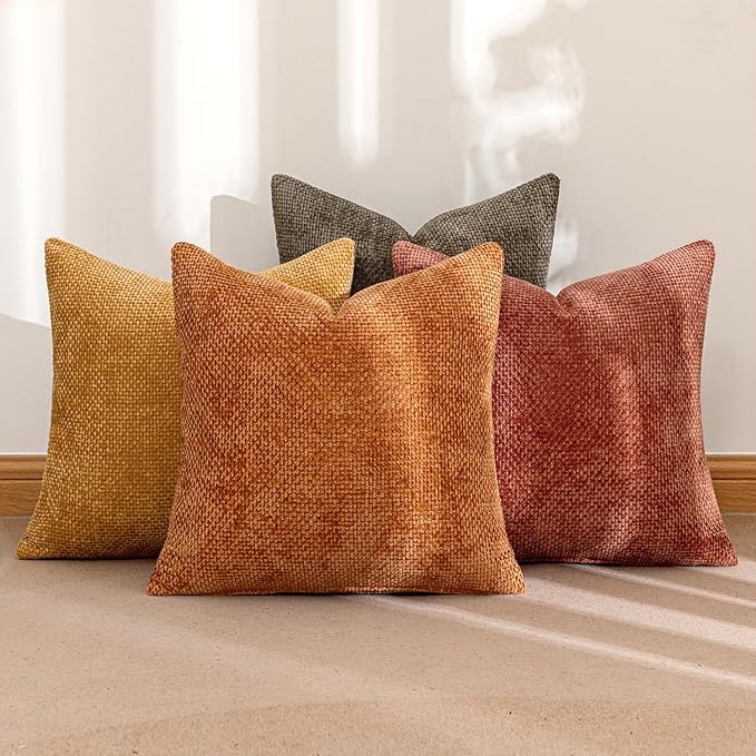 MIULEE Pack of 4 Fall Orange/Yellow Throw Pillow Covers 20x20 Inch Halloween Soft Decorative Chenille Pillows Farmhouse Accent Cushions for Boho Home Decor Spring Bedroom Living Room