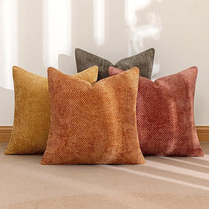 MIULEE Pack of 4 Fall Orange/Yellow Throw Pillow Covers 20x20 Inch Halloween Soft Decorative Chenille Pillows Farmhouse Accent Cushions for Boho Home Decor Spring Bedroom Living Room