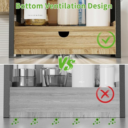 2-Tier Bathroom Counter Organizer with Drawer and Basket, Wood Countertop Organizer for Storage, Skincare Organizers for Vanity, Counter Shelf for Bathroom Organization