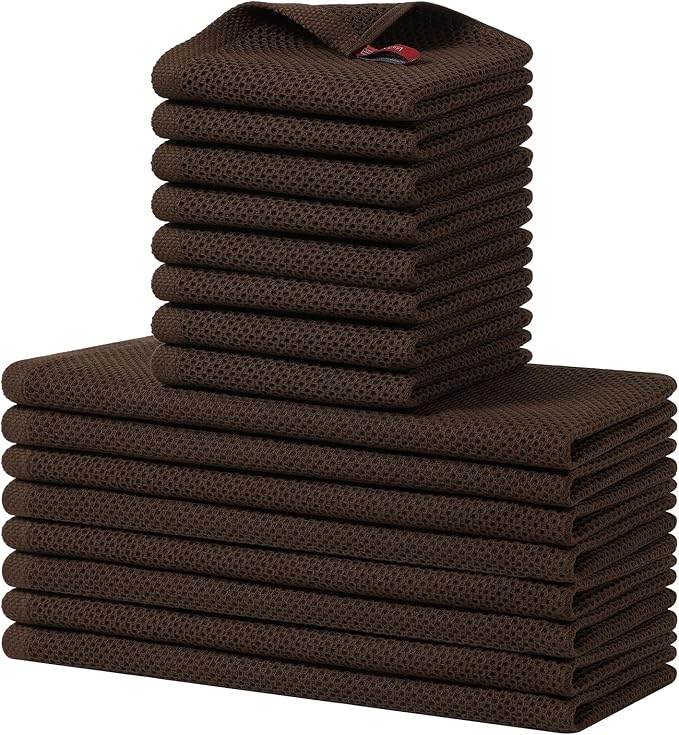 Homaxy 100% Cotton Kitchen Towels and Dishcloths Set, 12 x 12 Inches and 13 x 28 Inches, Set of 16 Bulk Kitchen Towels Set, Ultra Soft Absorbent Dish Cloths for Washing Dishes, Dark Brown