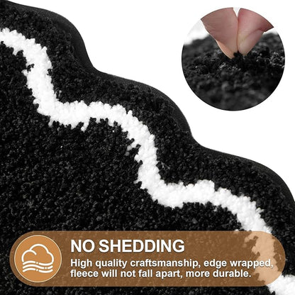 ORTIGIA Black Bath Mat with White Scallop Non Slip, Quick Dry Bath Rug Absorbent Soft Plush Microfiber Bathmat for Bathroom Floor for Sink Bedroom, 20x32