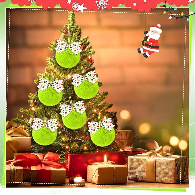 Norme 24-Pack Lime Green Furry Christmas Balls with Bow, 4" Soft Faux Fur Plush Pom Pom Ball Ornaments for Christmas Tree Hanging Decorations Party Fireplace Mantel Wall Decor(White Polka Dots)