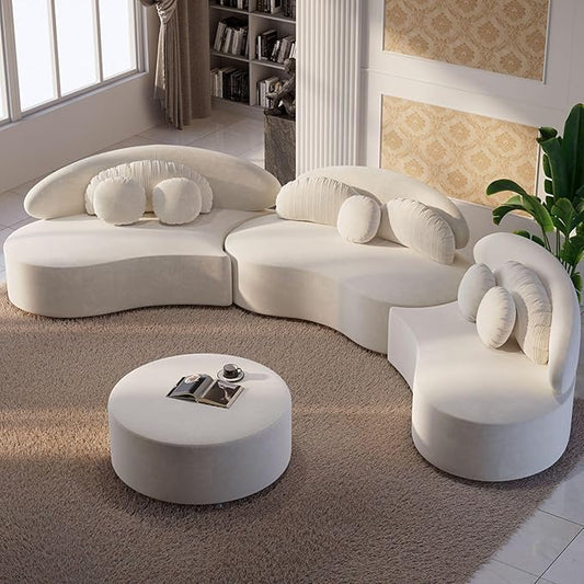 homary 7-Seat Curved Modular Sectional Sofa – Velvet Upholstered, Beige Couch with Ottoman, Modern Living Room Furniture for Family & Entertaining