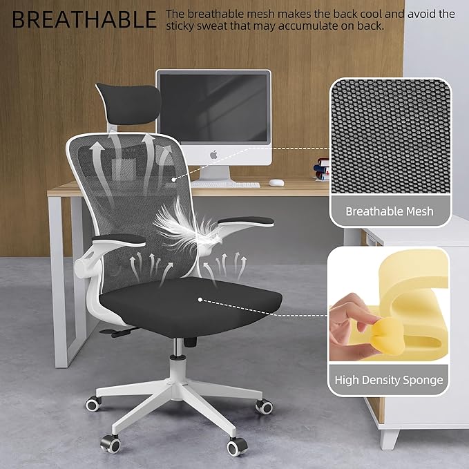 Ergonomic Office Chair, High-Back Mesh Desk Chair with Adjustable Height, Lumbar Support, Flip-Up Armrests,headrest，and Swivel Rolling Design for Home and Office Use