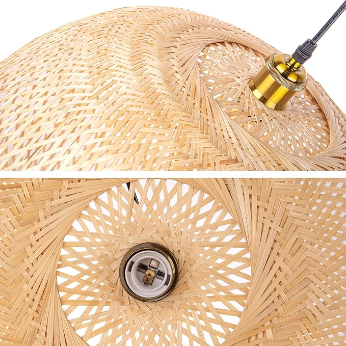 Arturesthome 1 Light Round Bamboo Pendant Lights, Wicker Chandelier Hand-Woven Boho Basket Lampshade Hanging Ceiling Light for Kitchen Island Living Room