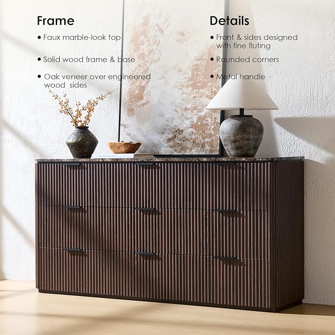 Fluted 9 Drawer Dresser for Bedroom, 63" Wide Modern Chest of Drawers with Faux Marble Top, Curved Corners, Wooden Dresser TV Stand with Organizer Storage for Living Room (Dark Oak, 63" W)