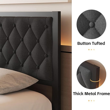 Full Bed Frame with Headboard Linen Upholstered Bed Frame Platform,All Metal Slats Support Platform Bed Frame with Storage Space,Easy Assembly,Noise Free,No Box Spring Needed,Grey