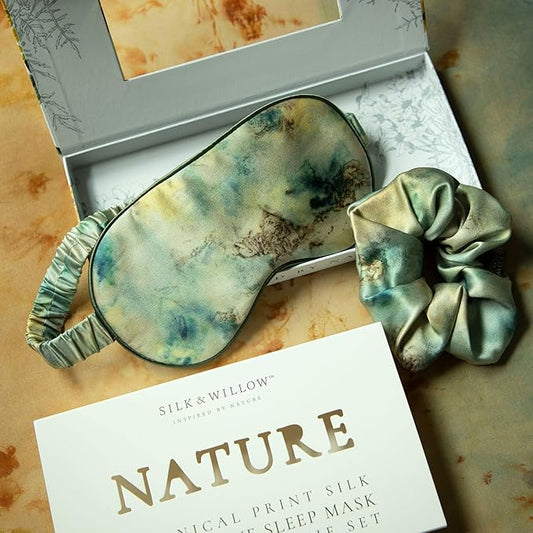Silk & Willow 100% Pure Mulberry Silk Sleep Eye Mask & Hair Scrunchie Gift Set (Seascape)
