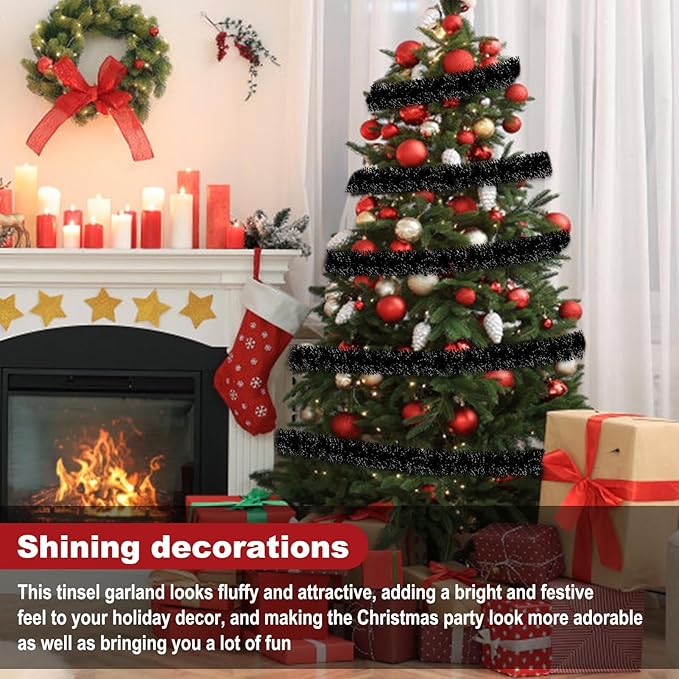 50 Feet Black Christmas Tinsel Garland, Metallic Foil Twist Garland Wall Hanging Tinsel Banner Backdrop for Parade Floats, Easter, Mother's Day, Wedding Party Decorations (2in x 50ft)