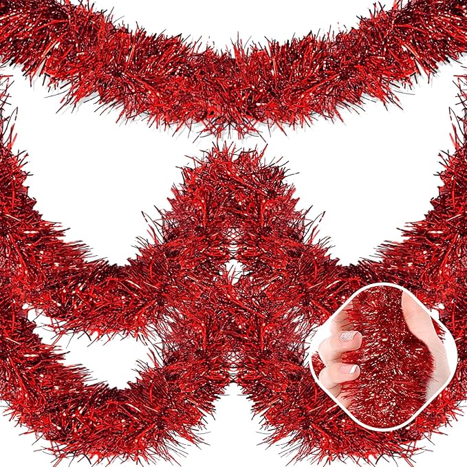 50 Feet Red Christmas Tinsel Garland, Metallic Foil Twist Garland Wall Hanging Tinsel Banner Backdrop for Parade Floats, Easter, Mother's Day, Wedding Party Decorations (2in x 50ft)