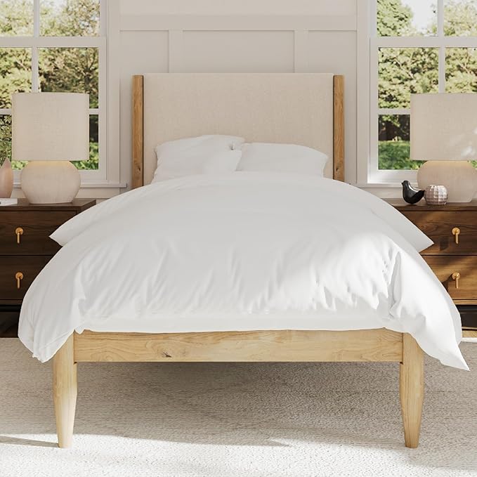 DG Casa Solid Wood Boucle Mid-Century Modern Twin Size Wooden Platform Bed Frame - Upholstered in Taupe Boucle - Natural Finish