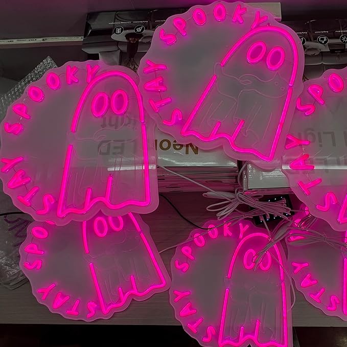 Ghost holding a cat Stay Spooky Neon Sign, Funny Halloween Party Wall Decor, Spooky Season Room Sign for Boo Wall Decor Neon Light for Bar Man Cave Home Yard Decoration Funny Spooky Vibes-Pink
