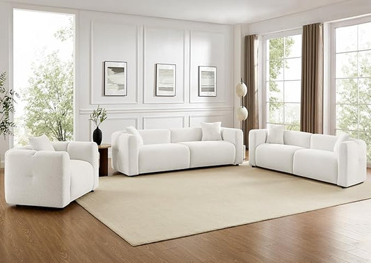 VANOMi Living Room Furniture Sets Include 95" Sofa & 42" Arm  chairs, Boucle Upholstered Oversized Couch with Pillows, Living Room Furniture Set for Bedroom Apartment (White, 2 Sofas+1 Chair)