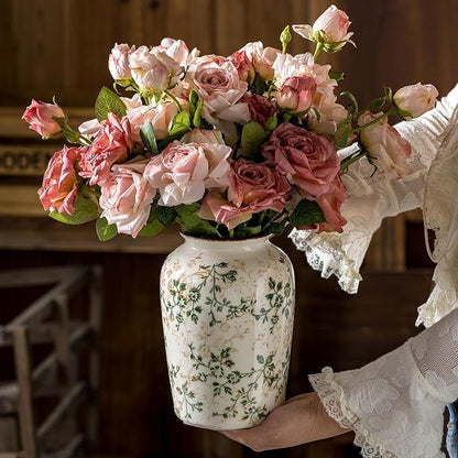 Vintage Pastoral Green and Beige Vase, Round Ceramic Floral Vases, Retro Ice Cracked Chinoiserie Vase for Home Decor, Living Room, Bookshelf, Office, Rustic Table Centerpiece 7.8 Inch