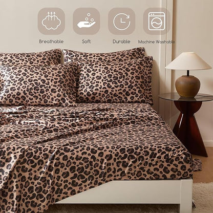 MR&HM Satin Bed Sheets with Elastic Corner Straps, Queen Size Sheets Set, 6 Pcs Silky Bedding Set with 15 Inches Deep Pocket for Mattress (Queen, Brown Leopard)