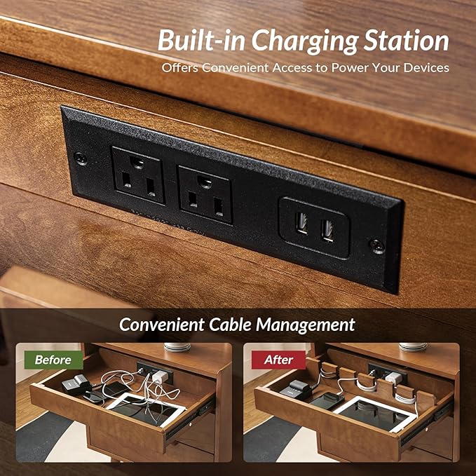 HULALA HOME Nightstand with Charging Station, Mid-Century Modern 2 Drawer and Open Shelf Bedside Tables, Wood Night Stand with USB Ports and Outlets for Bedroom Set of 2, Acorn