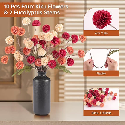 Fall Faux Kiku Flowers 10 Stems & 2 Eucalyptus,Fake Mums Flower Plants Artificial Chrysanthemums Mini Ball Floral for Table Centerpieces,Silk Fall Faux Mums Flower for Vase Wedding Arrangements Decor