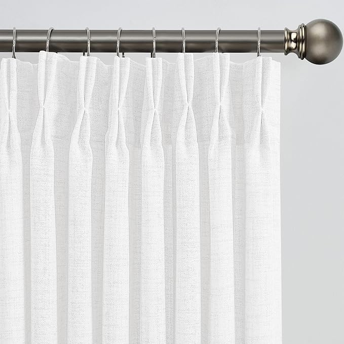White Linen Pinch Pleated Semi Sheer Curtains 2 Panels 45 Inches Long, Back Tab with Hooks, Window Treatment Curtains for Bedroom Cabin 42 Inch Wide
