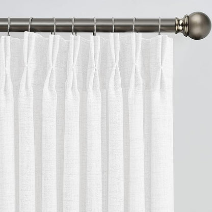 White Linen Pinch Pleated Semi Sheer Curtains 2 Panels 45 Inches Long, Back Tab with Hooks, Window Treatment Curtains for Bedroom Cabin 42 Inch Wide