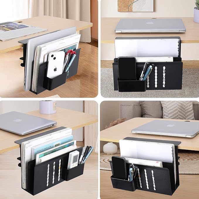 2 TIER Desk Side Storage Upgraded Under Desk Organizer, No Drill Hanging Laptop Holder Under Desk, Clamp-On Table Side Steel Desktop Organization for Office and Home (Black)
