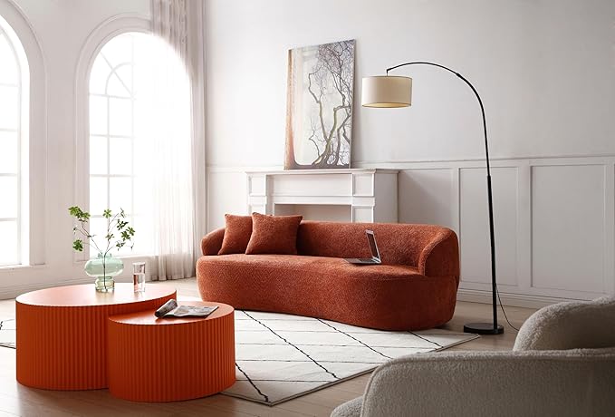 KEIKI 87" Curved Oversized Boucle Cloud Sofa with Thickened Seat Cushions and Backrest, Modern Style 3-Seater Upholstered Corner Fluffy Couch, No Assembly Required, for Apartment, Living Room, Orange
