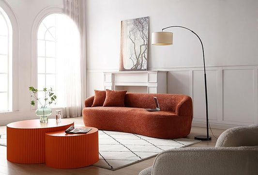 KEIKI 87" Curved Oversized Boucle Cloud Sofa with Thickened Seat Cushions and Backrest, Modern Style 3-Seater Upholstered Corner Fluffy Couch, No Assembly Required, for Apartment, Living Room, Orange