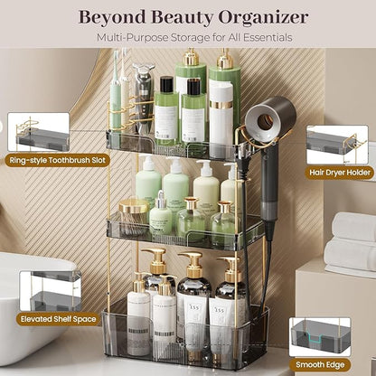 Aveniee Bathroom Counter Organizer,3 Tier Skincare Perfume Countertop Storage with Hair Dryer Rack and Toothbrush Holder, Cosmetic Makeup Tray for Vanity,Grey